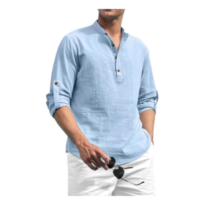 Cotton Blend Solid Casual Regular Fit Mandarin/Chinese Collor Short Kurta for Men