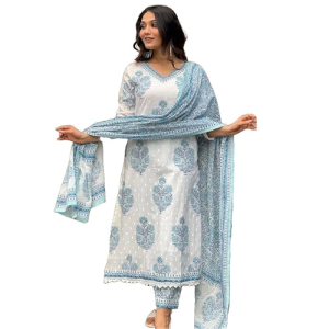 Women Cotton Block Printed Kurta Pant With Dupatta