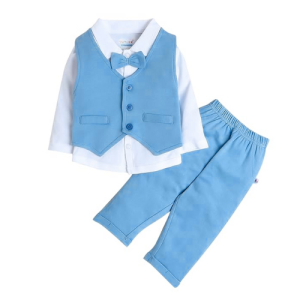 Blue & White Boys Full Sleeves Shirt Waistcoat & Pant Set With Applique Bow